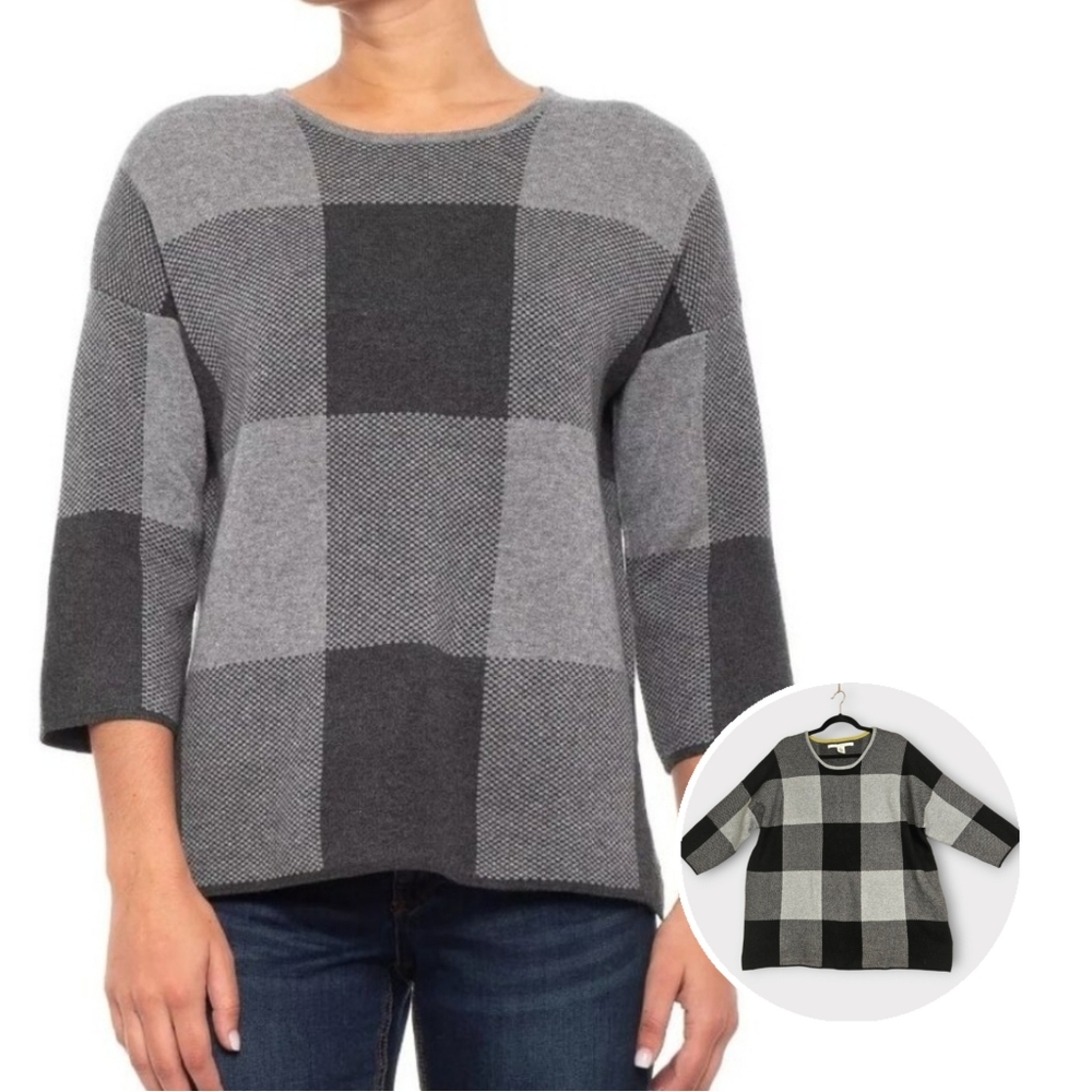 Max Studio Women's Size 3X Crewneck Sweater Grey Black Plaid Soft Cozy Pullover